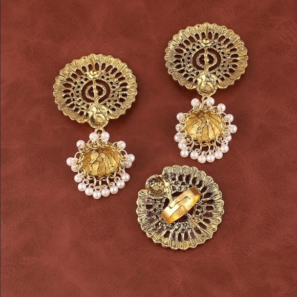 Two Pieces Earrings Nad Ring Set Faux Pearls Tassel Emery Rose Jumka Earrings - Picture 3 of 8